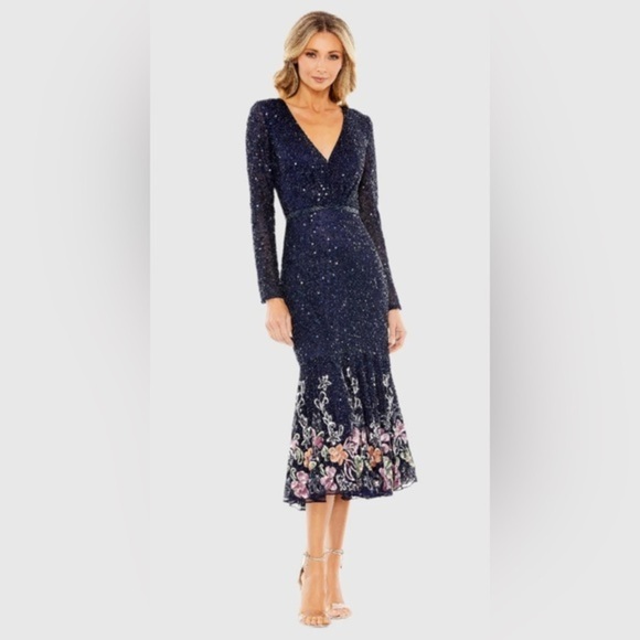 Mac Duggal Dresses & Skirts - NWT | Mac Duggal A5589 Midnight Blue Multi Long Sleeve Tea Length Dress Size 6